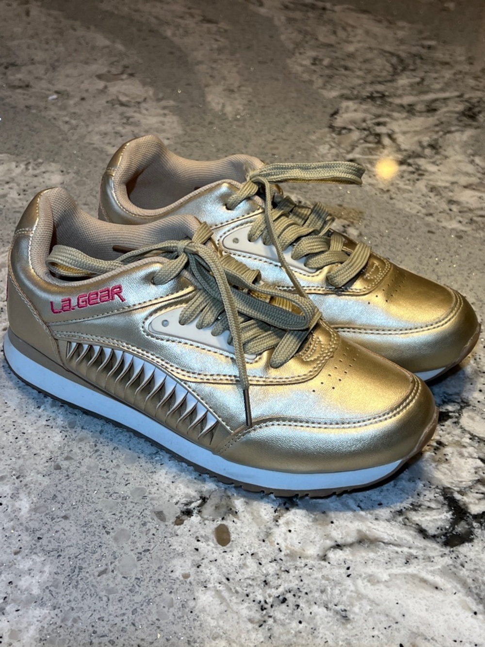 LA Gear Gold Metallic Jogger Sneakers - Pink Logo Accent - Women's Size 7